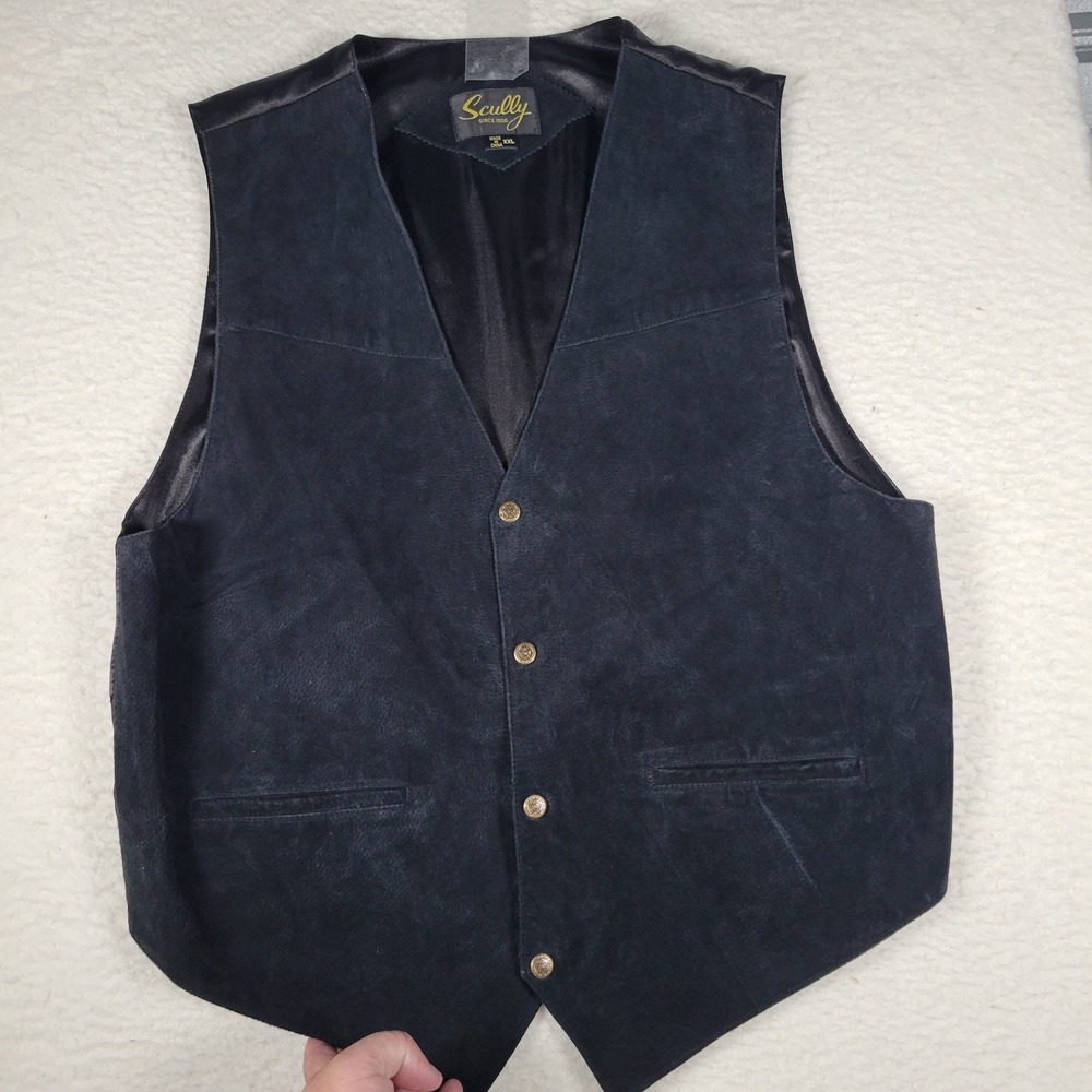 Scully‎ Suede Leather Vest Mens XXL Black Western Cinch Back Embossed Buttons
